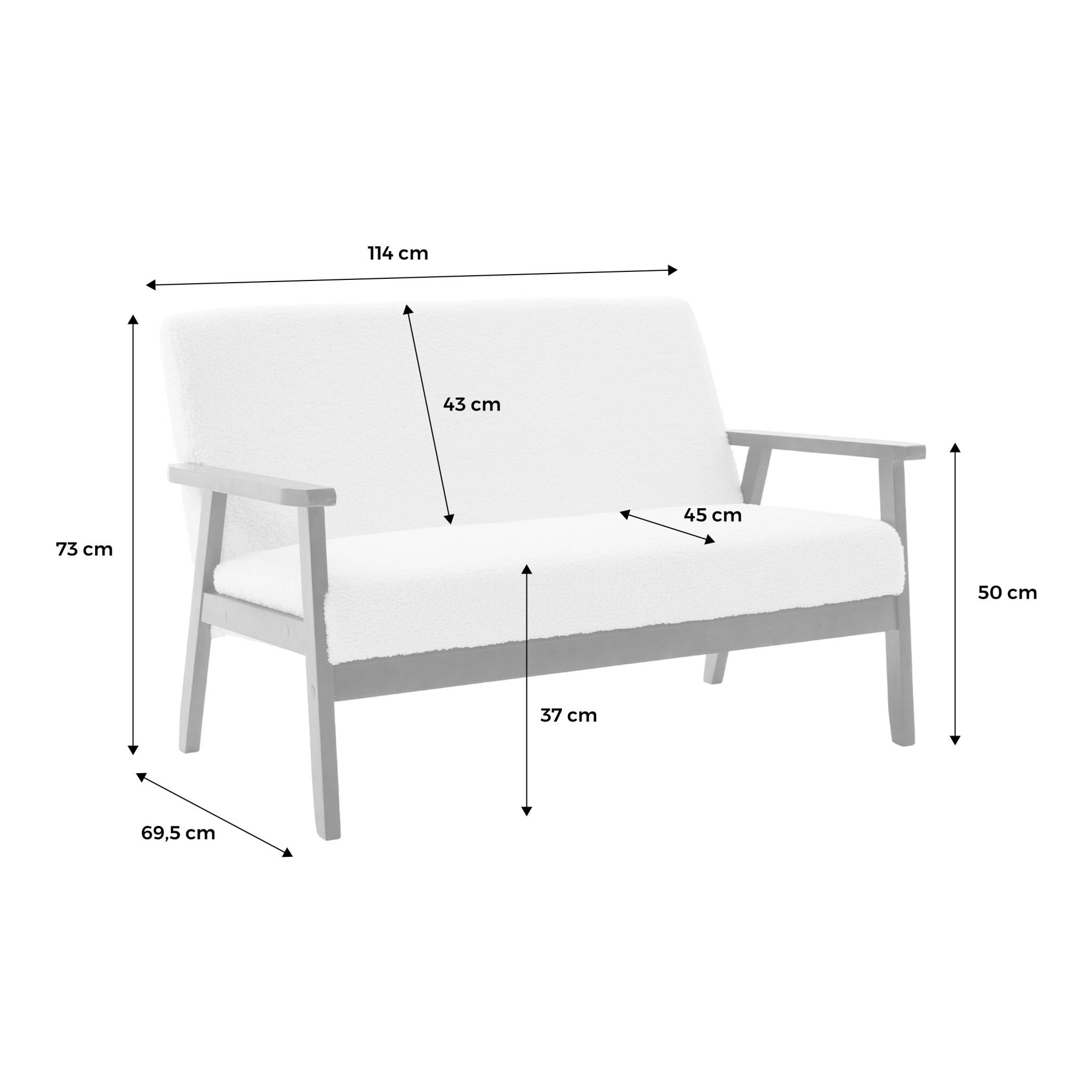 Banquette canapé 2 places en bois teinté noyer clair et tissu bouclette. Isak. L 114 x P 69.5 x H 73cm