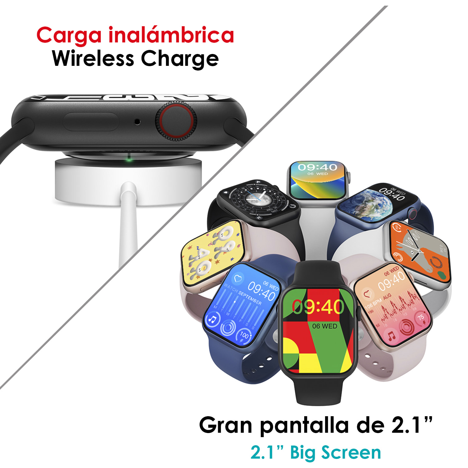 Smartwatch W29 Max con pantalla de 2.1 y modo always on. Monitor cardiaco 24h, O2 en sangre, notificaciones de Apps.