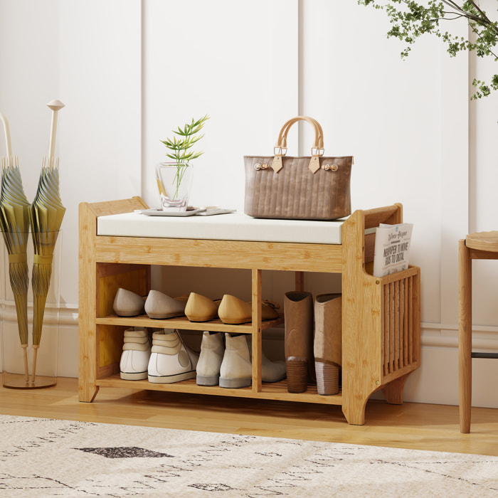Banco Zapatero, Banco Recibidor con Asiento Acolchado, Almacenamiento Lateral, Estante para Botas, Marco de Bambú, para Entrada, Pasillo, Salón, 80x30x50 cm, Natural y Beige