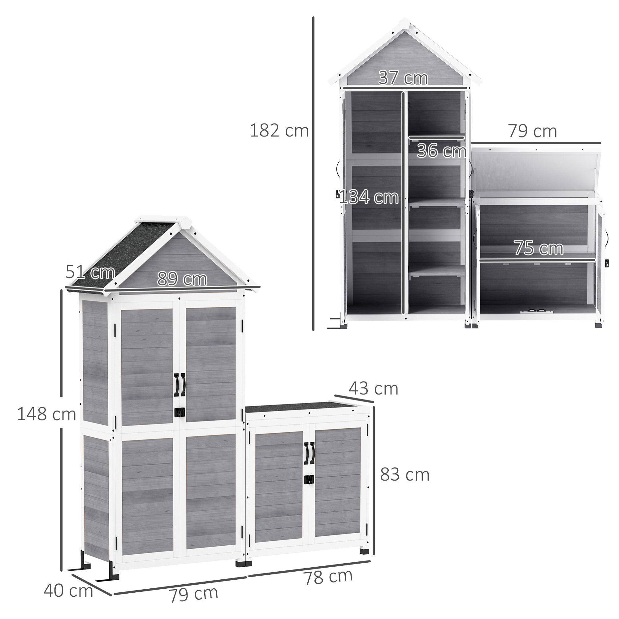 Ensemble armoire de jardin avec coffre extérieur assorti - 2 + 2 portes - 3 + 1 étagères - toit bitumé noir bois gris blanc