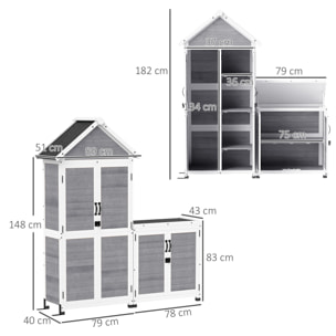 Ensemble armoire de jardin avec coffre extérieur assorti - 2 + 2 portes - 3 + 1 étagères - toit bitumé noir bois gris blanc