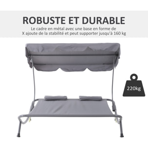 Bain de soleil 2 places lit de jardin design contemporain toit réglable 2 roulettes 2 oreillers acier époxy polyester gris