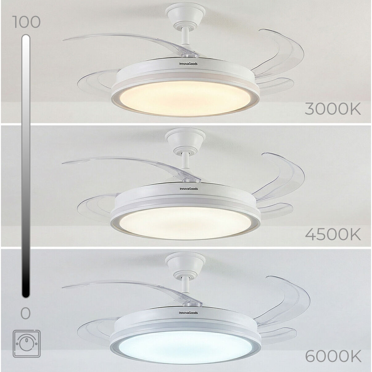 Ventilateur de plafond avec lumière LED RGB, 4 pales rétractables et télécommande InnovaGoods