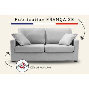 Canapé 3 pl LYS 175 cm fixe tissu Tradition Gris Clair - 100% déhoussable - Fabriqué en France