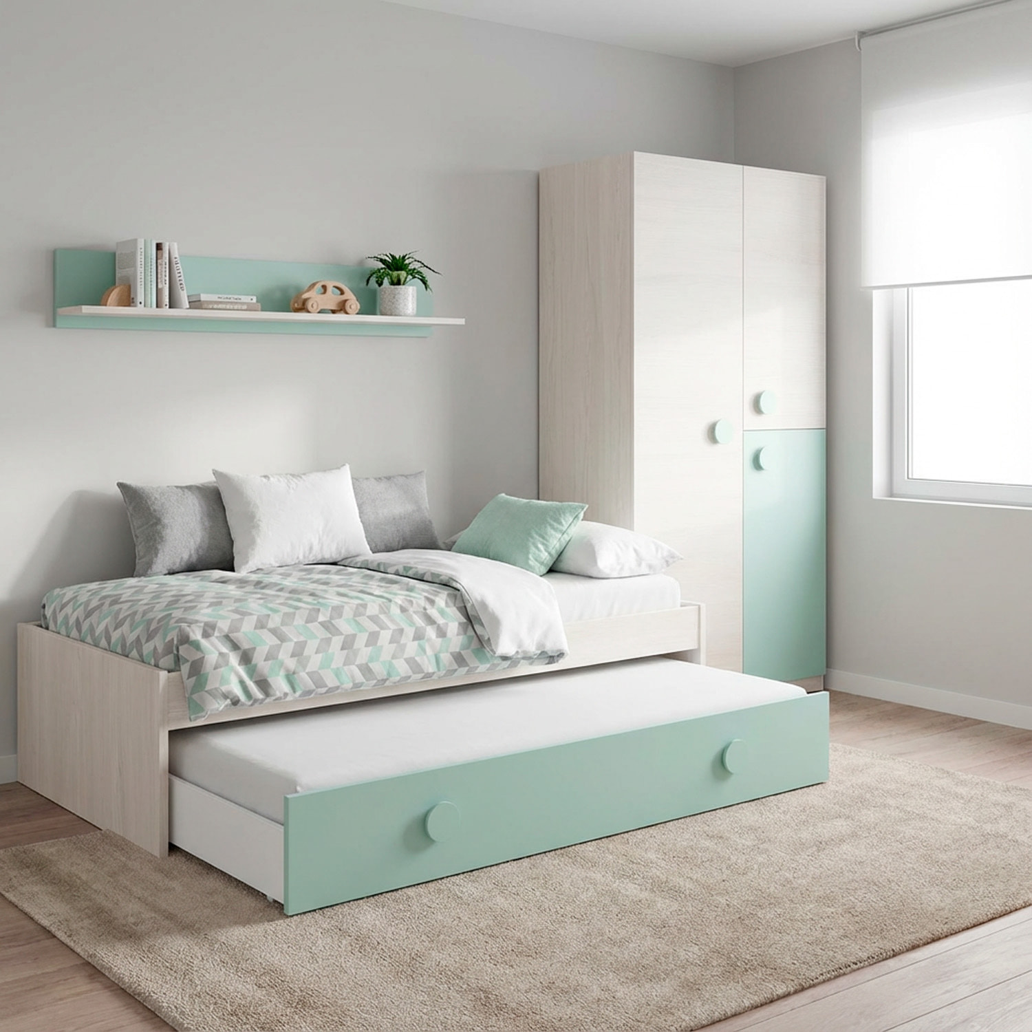 Armadio Armadietto Per Cameretta E Camera Da Letto Mobile Mobiletto Guardaroba Compatto Barra Appendiabiti 200 x 90 x 52 Cm Bianco Alpi e Verde Acqua