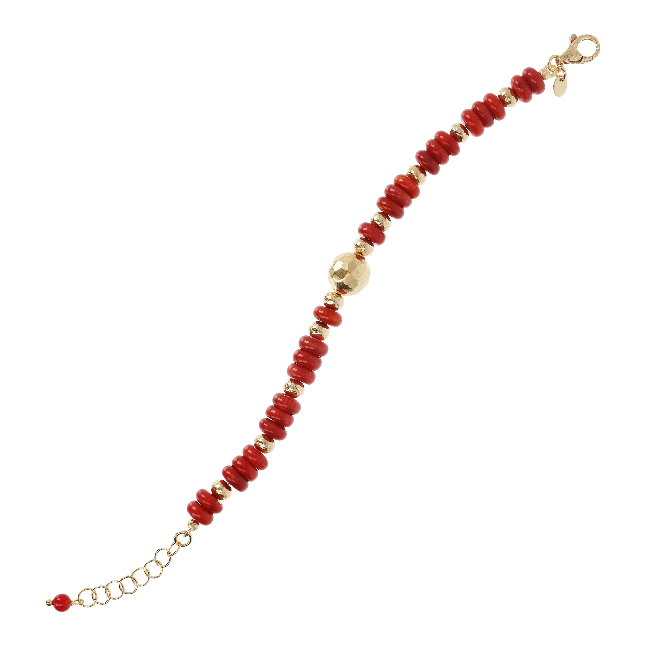 Bracciale con Sfera Martellata e Pietra Naturale Corallo Bambù Rosso