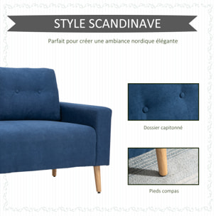 Canapé 2 places design scandinave dim. 145L x 76l x 88H cm pieds bois massif tissu bleu