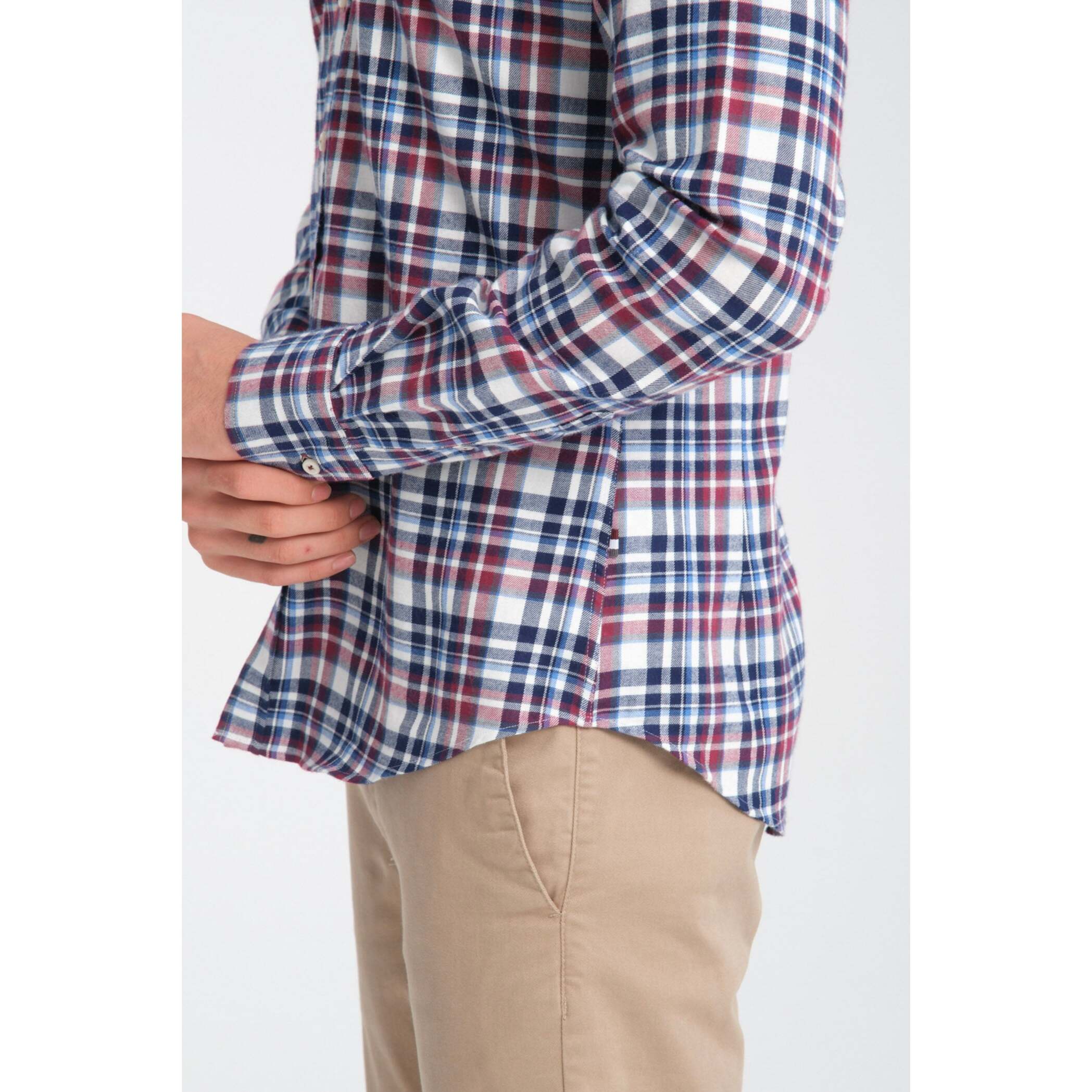 camicia uomo 1 bottone button down slim Flanella Quadro Medio Blu/Bordeaux