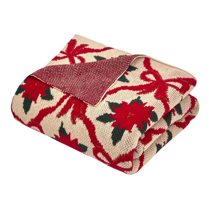 Plaid de Noël en tricot motif poinsettia 130 x 170 cm