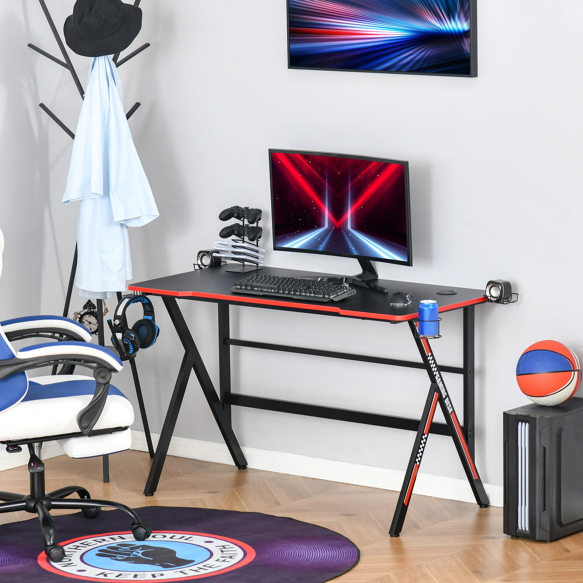 Bureau gaming racing bracket supports casque enceintes porte-gobelet métal plateau texture carbone