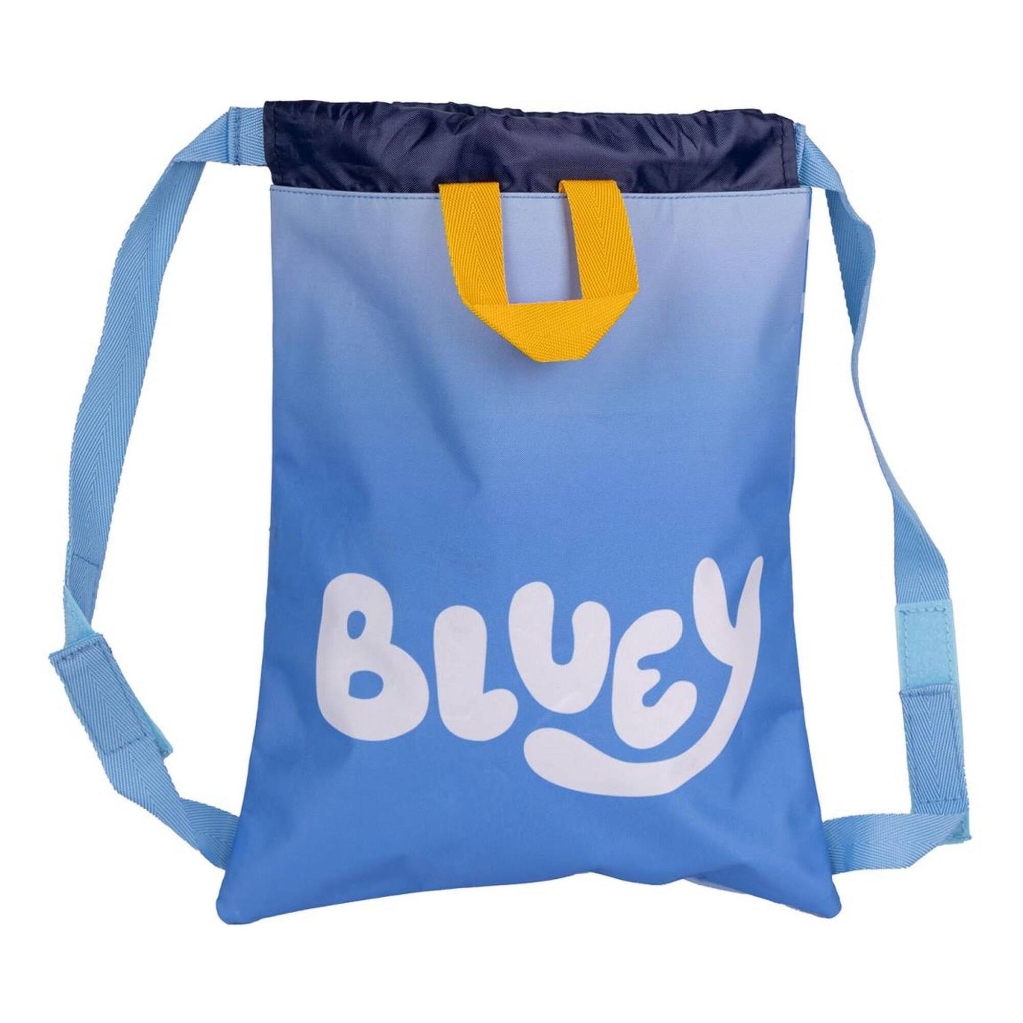 Saquito escolar infantil de bluey - color azul - 27x33x1 cm - fabricado en poliéster - con bolsillo delantero y asas con velcro