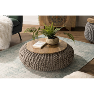 IRENE - Table d'appoint ronde 80x80cm plateau bois Manguier et coton Macassar gris