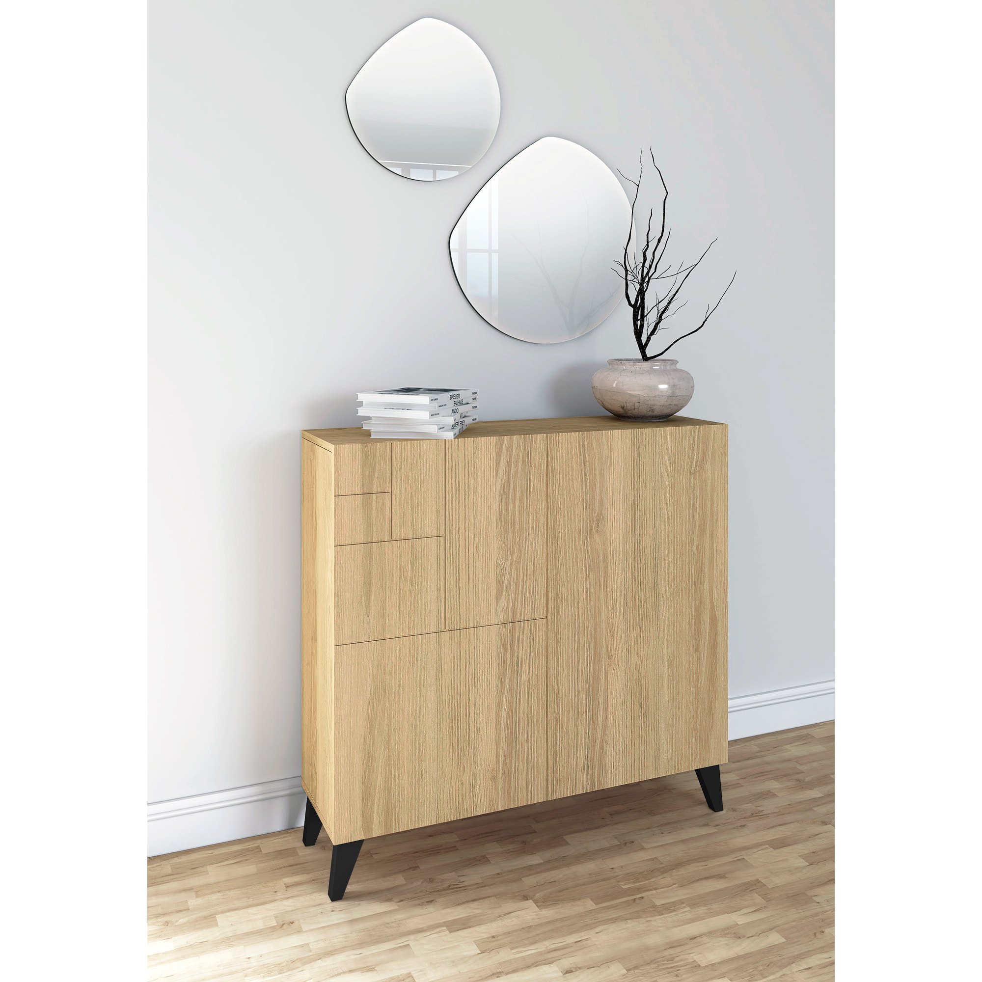 Zapatero Bergen melamina roble patas negro 87x90x27 cm