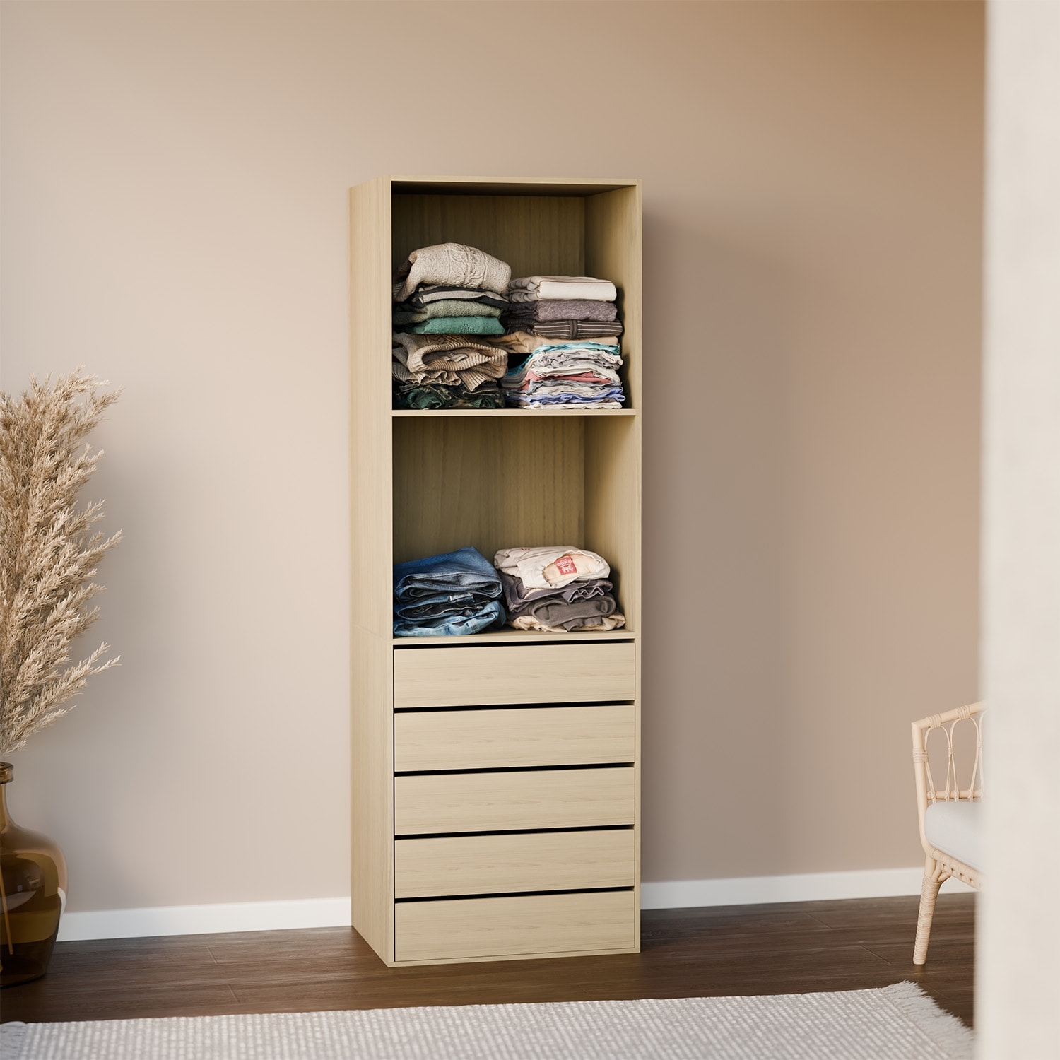 Module dressing avec 5 tiroirs et 2 étagères. naturel. panneaux stratifiés