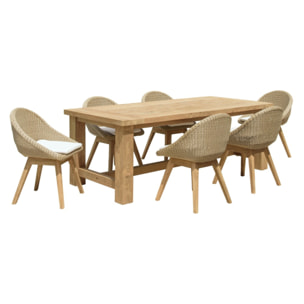 KALLY - Ensemble de jardin, table rectangle en bois teck recyclé et rotin synth. 6 pers