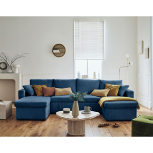 Cyrus - canapé panoramique en U - 7 places - convertible avec coffre - en velours côtelé - Bleu