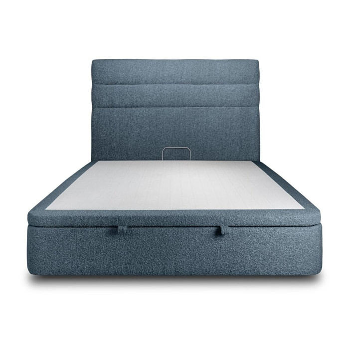 Lit avec sommier et tête de lit à lignes - Tissu bouclette au style tendance - Adapté à tous les matelas, montage rapide - Rangement XXL - Hauteur Totale : 39cm
