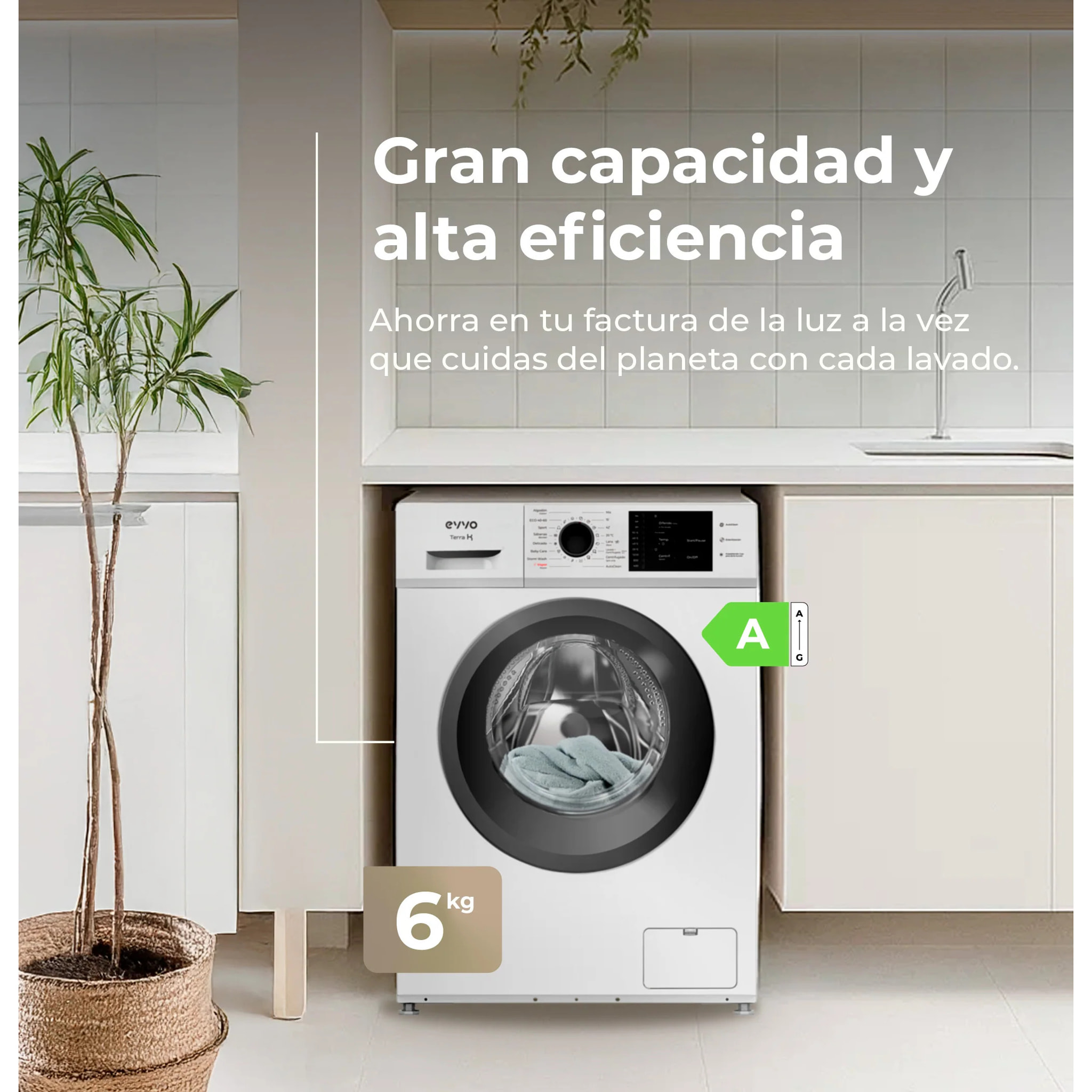 EVVO Lavadora 6 kg Terra K6, 1000 rpm, Clase A, 15 programas, vapor Steam Wash, lavado rápido 15', inicio diferido, blanca