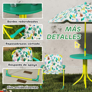 Conjunto de Mesa y Sillas Infantil de Jardín de 4 Piezas, Mesa Infantil con Sillas Plegables, Sombrilla Desmontable, Diseño de Jungla, para Patio, Pícnic, Verde