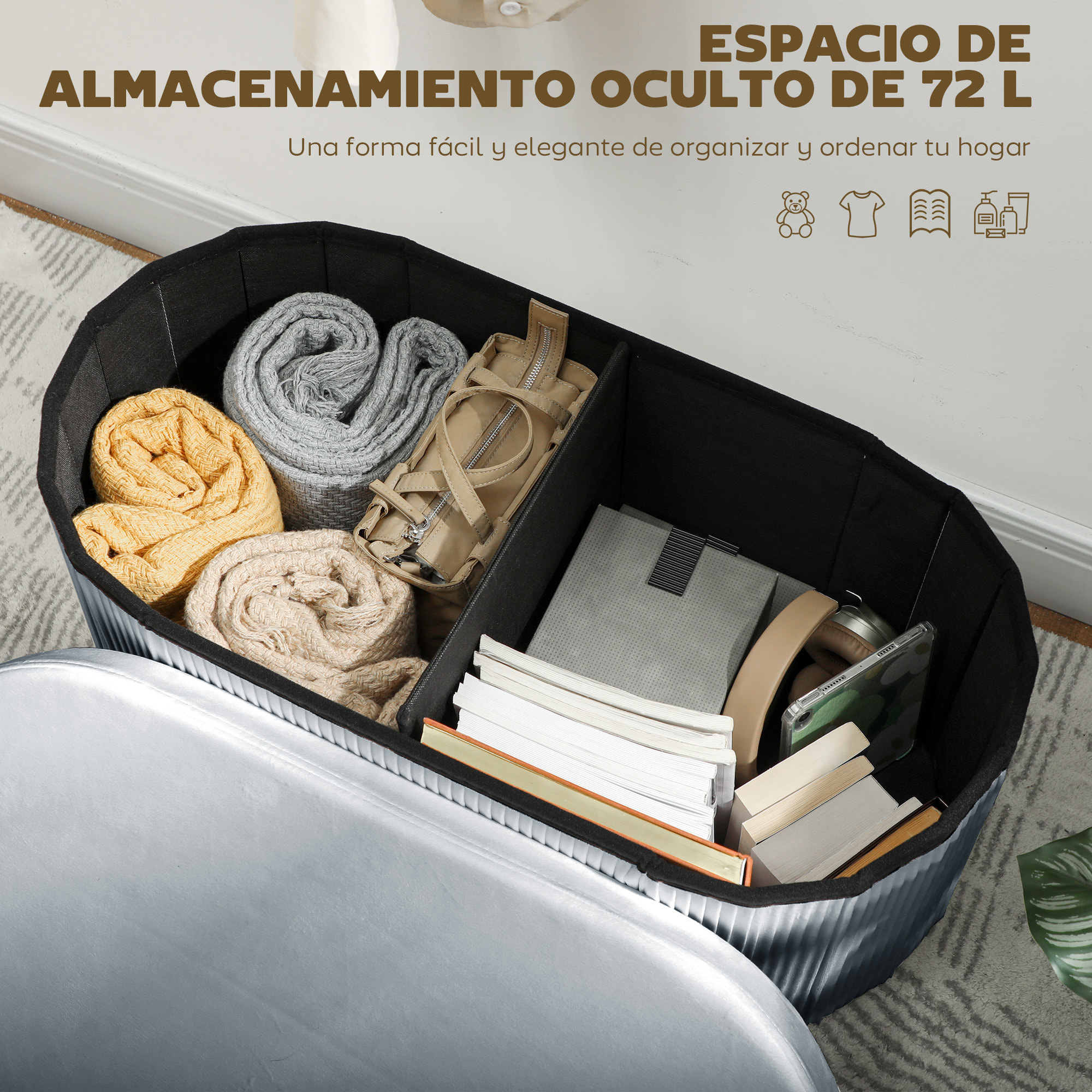 Puff Almacenaje, Banco Almacenaje Plegable, 72 L, 76x38x35 cm, Tapizado en Terciopelo, Baúl de Almacenamiento, Carga 120 kg, Taburete para Sala de Estar, Dormitorio, Entrada, Gris Oscuro