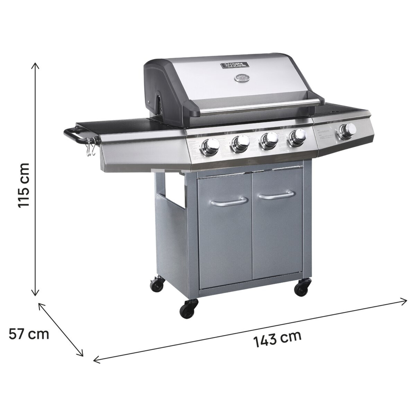 Barbecue gaz avec LED "Bingo 5" - 5 Brûleurs dont 1 latéral - 15.2kW + Housse protection - Argenté