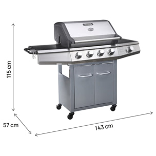 Barbecue gaz avec LED "Bingo 5" - 5 Brûleurs dont 1 latéral - 15.2kW + Housse protection - Argenté