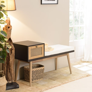 CHARLIE - Banc assise noire 1 tiroir effet cannage marron