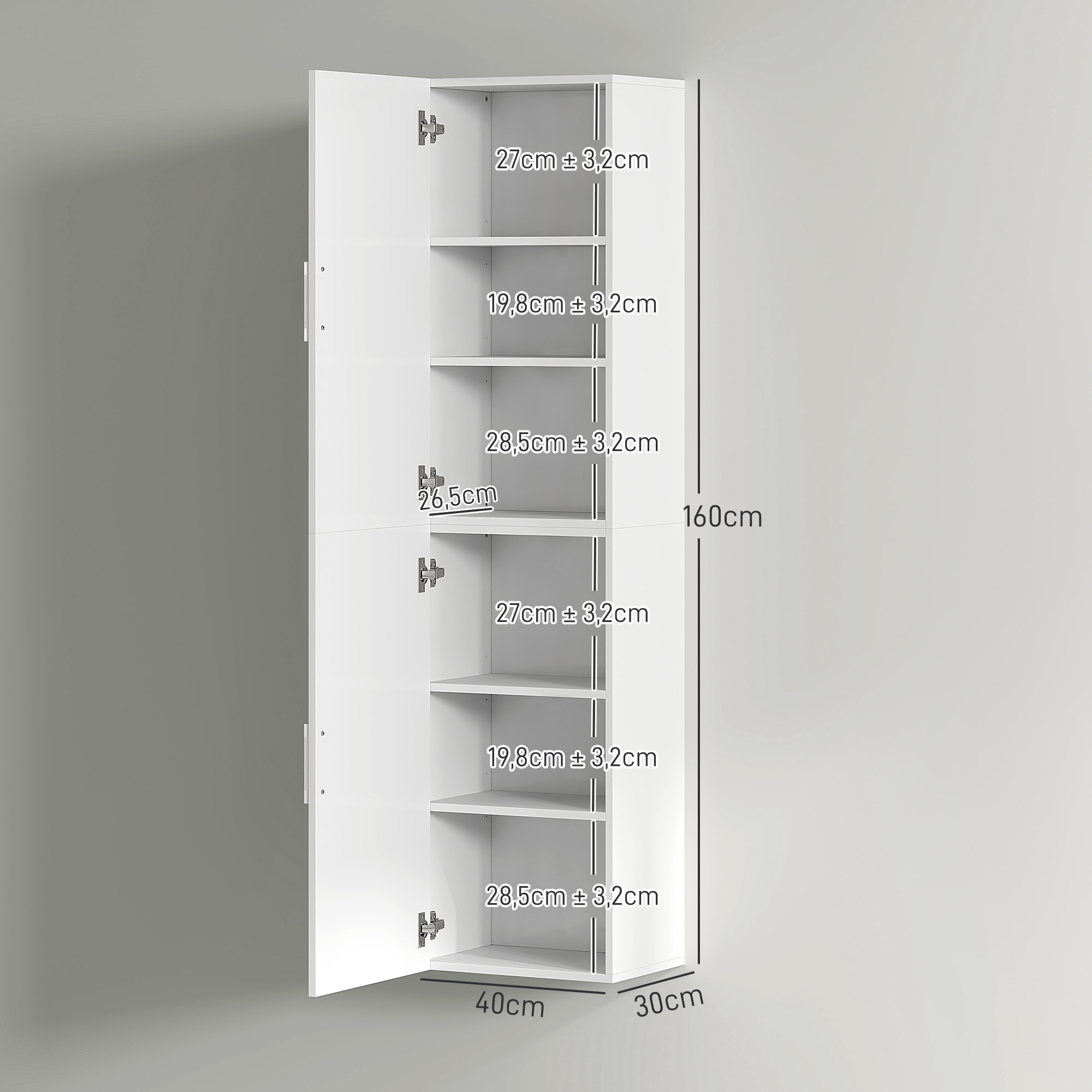 Columna de Baño de Pared Armario de Baño Estrecho con Estantes Ajustables y 2 Puertas Mueble de Baño Moderno para Espacio Pequeño 40x30x160 cm Blanco Brillo