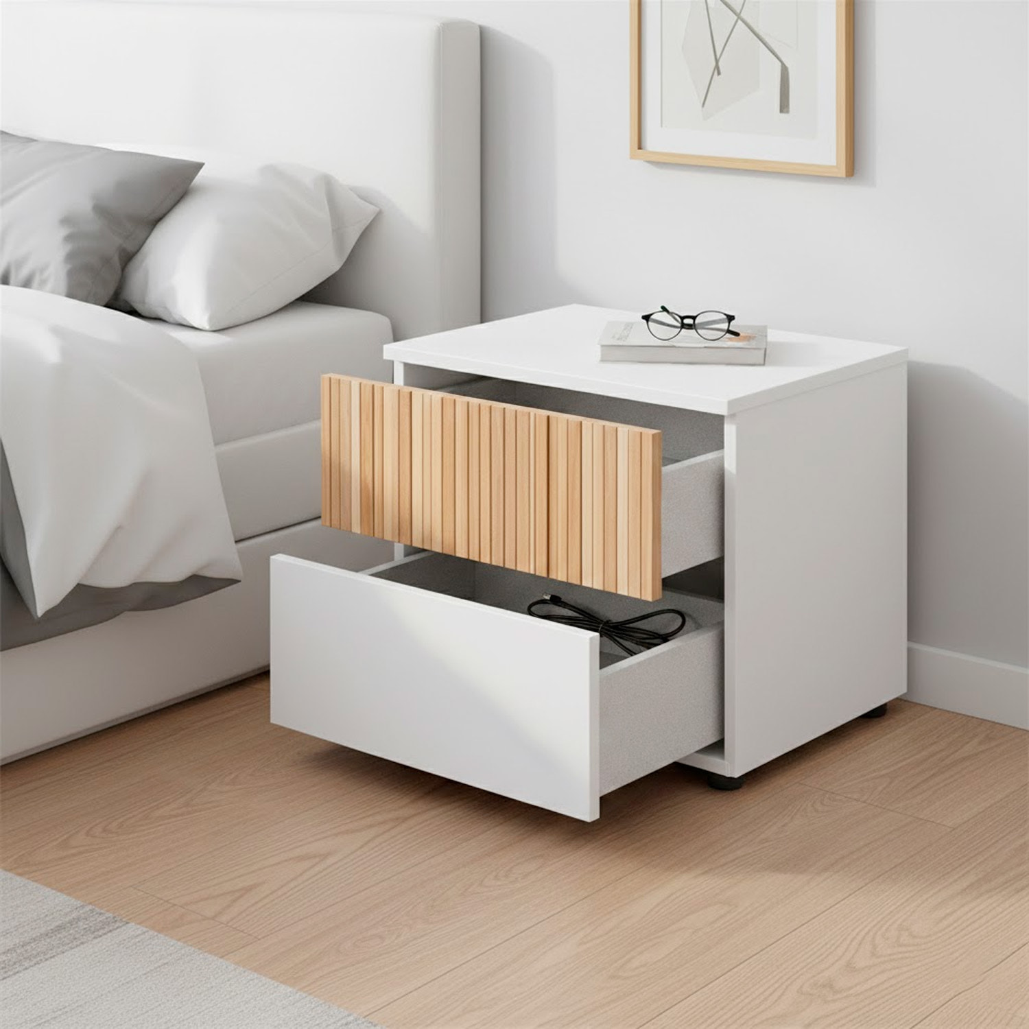 Comodino Con 2 Cassetti Stile Nordico Mobiletto Per Camera Da Letto Moderna Mobile Design Scandinavo Salvaspazio 50 x 41.5 x 34 Cm Bianco E Rovere