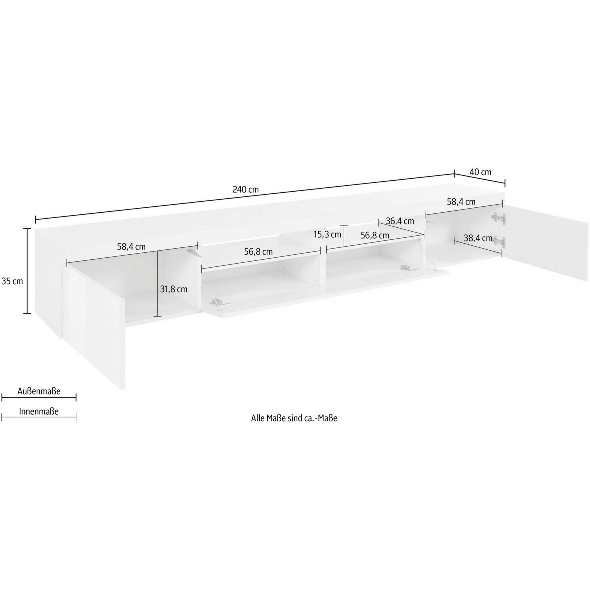 Mobile porta TV Dconsigl, Credenza bassa da soggiorno a 3 ante, Base porta TV, 240x40h35 cm, Bianco lucido