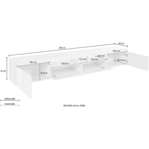 Mobile porta TV Dconsigl, Credenza bassa da soggiorno a 3 ante, Base porta TV, 240x40h35 cm, Bianco lucido