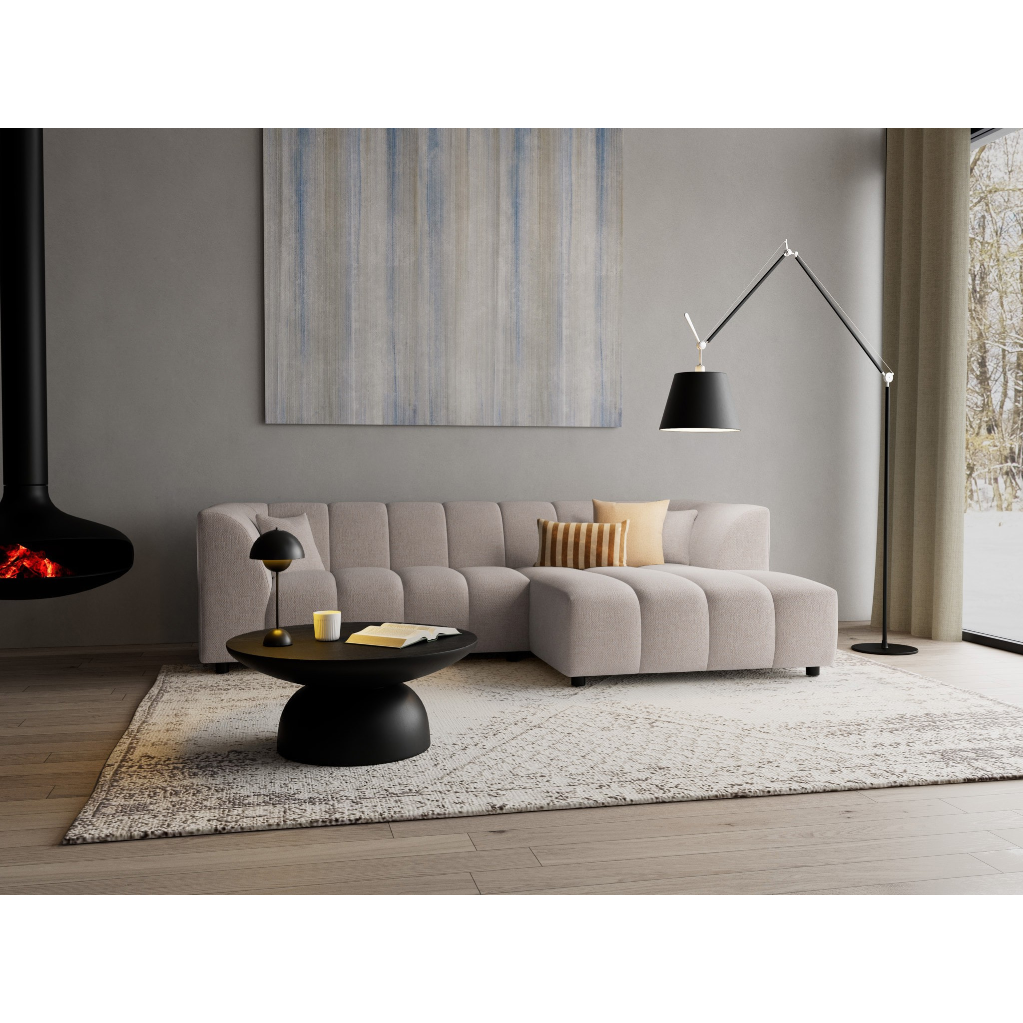 Curtis - canapé d'angle droit 4 places avec accoudoir en tissu texturé - Beige
