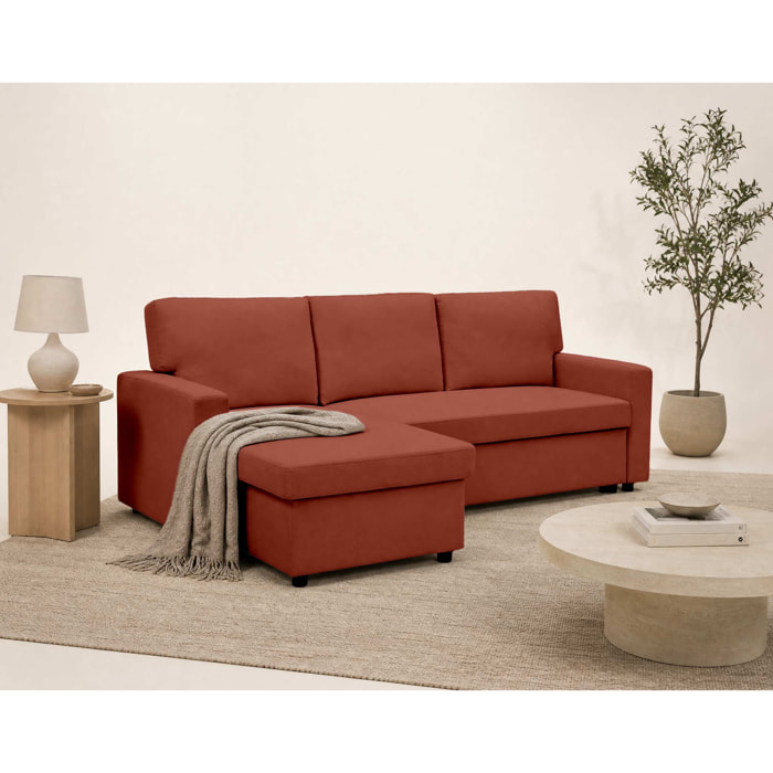 Meiya - canapé d'angle réversible 4 places convertible avec coffre en tissu - Terracotta