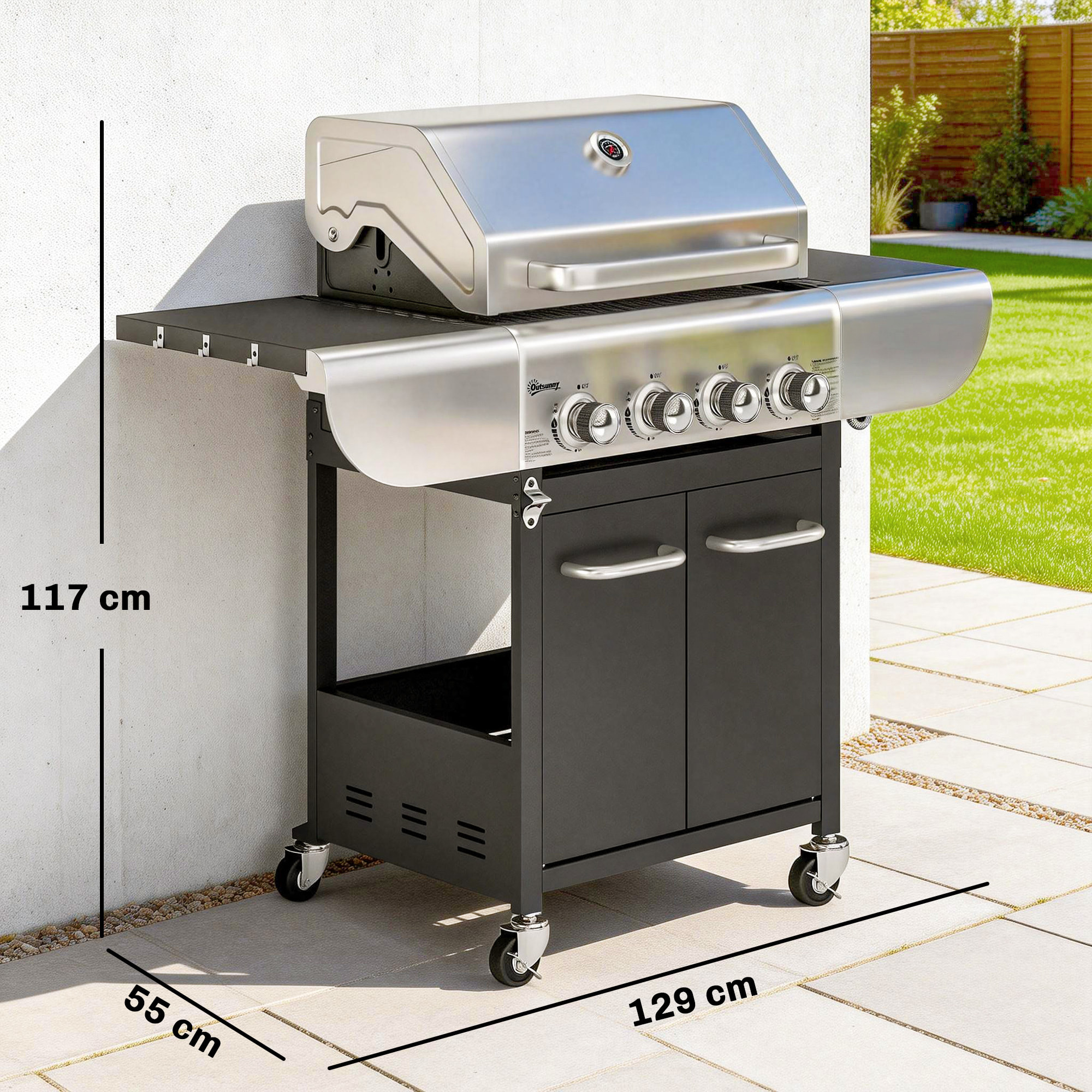Barbacoa de Gas BBQ Gas con 4 Quemadores 12,8 kW Barbacoa Portátil con Termómetro Mesas Laterales Armario Rejilla Calentadora Acero Parrillas de Hierro Fundido Recogedor Grasa 4 Ruedas Negro
