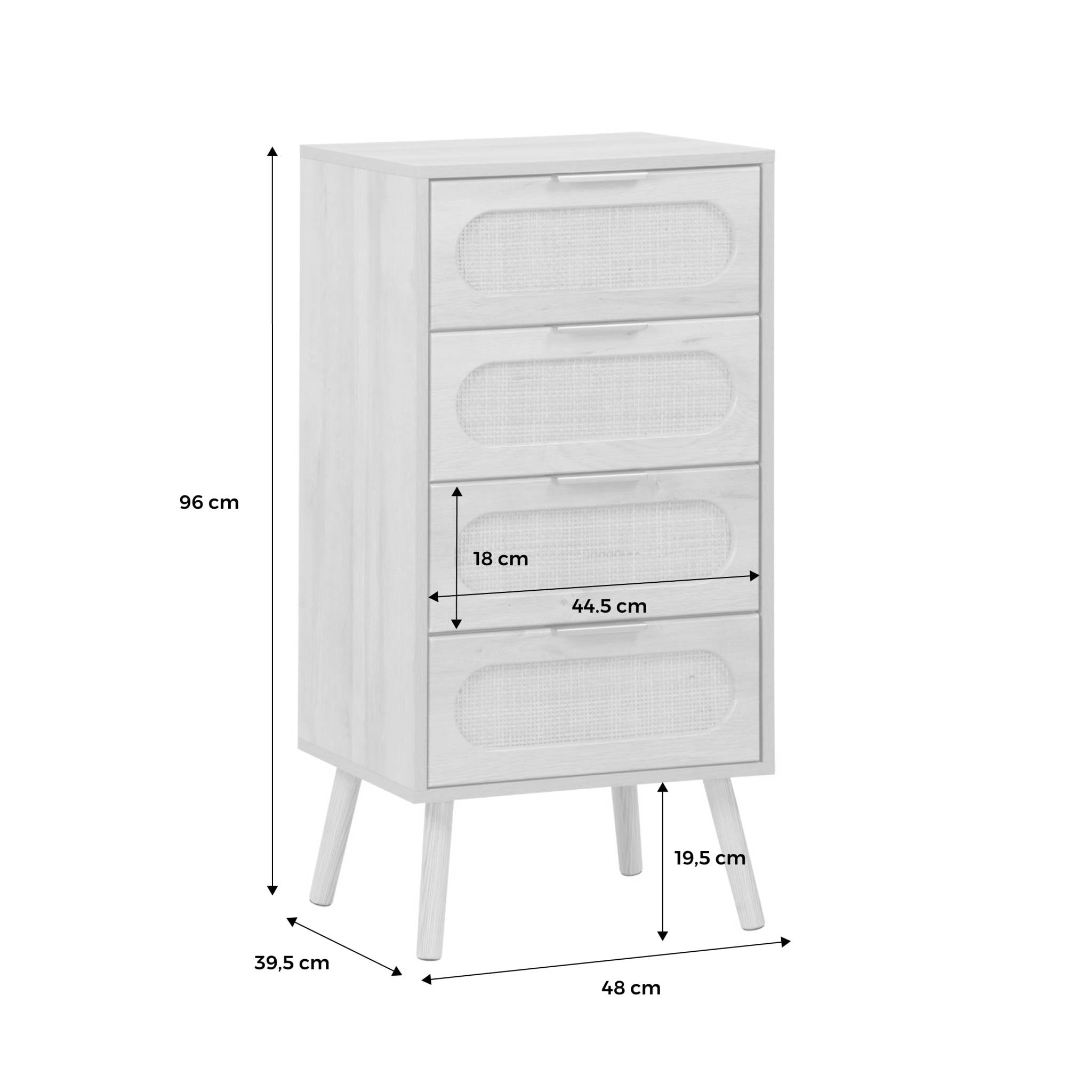 Commode chiffonnier effet bois et cannage 4 tiroirs naturel. poignée en métal doré - L 48 x P 39.5 x H 96 cm - Eva