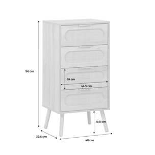 Commode chiffonnier effet bois et cannage 4 tiroirs naturel. poignée en métal doré - L 48 x P 39.5 x H 96 cm - Eva
