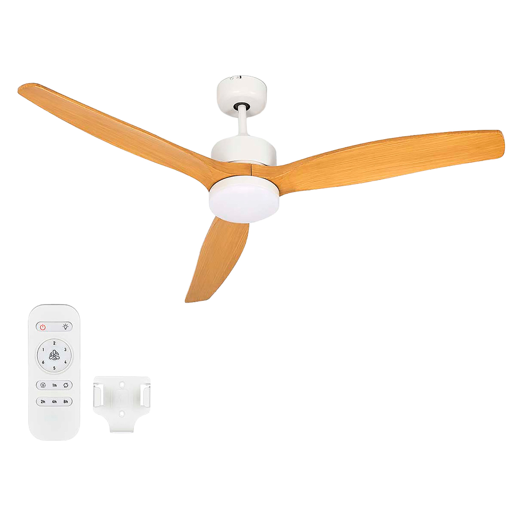 Ventilador de techo de 132 cm con motor de 40W, 3 aspas efecto madera, luz LED de 18W y 6 velocidades. Incluye mando a distancia con función verano/invierno.