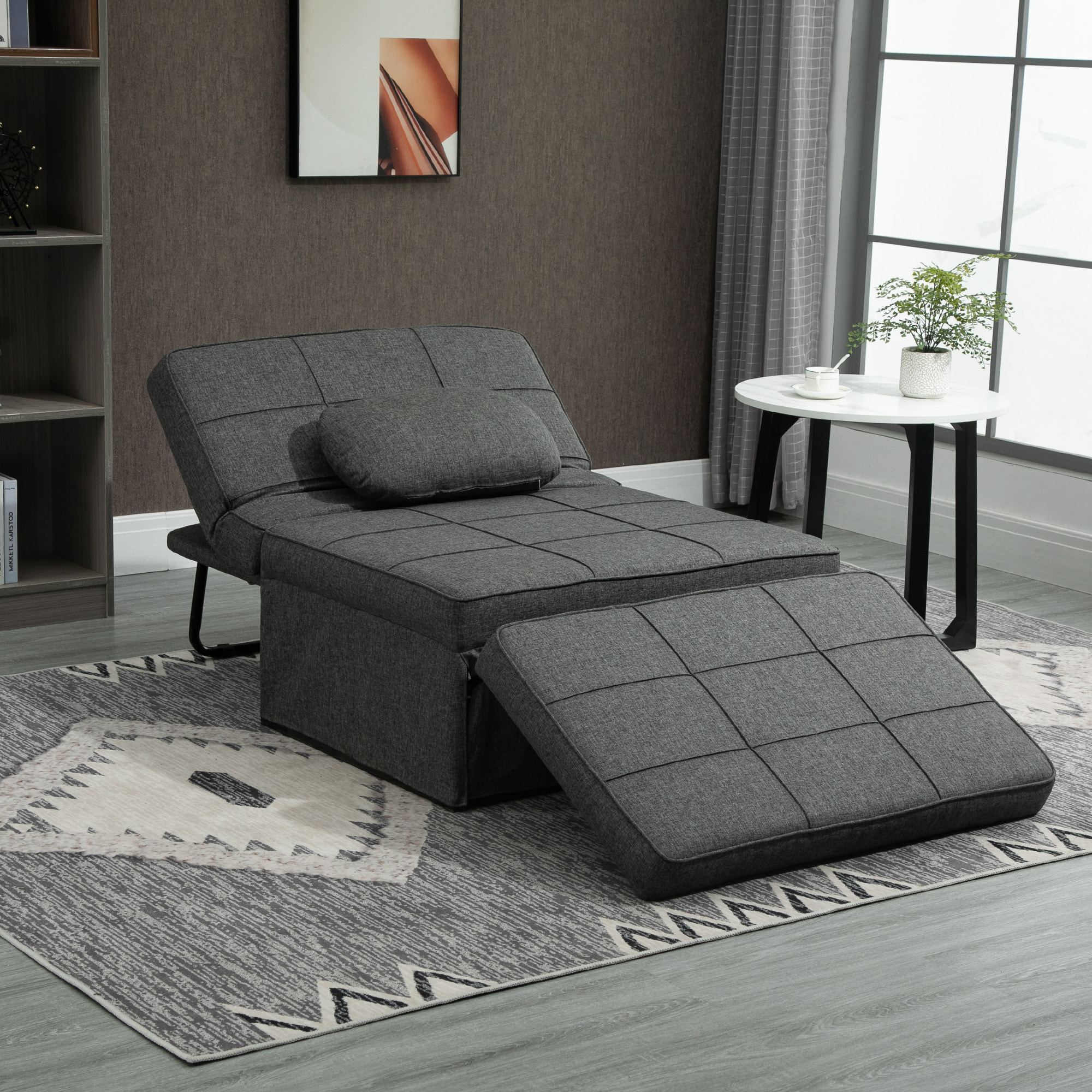 Fauteuil chauffeuse chaise longue pouf 3 en 1 dossier inclinable 5 niveaux repose-pied rabattable châssis métal noir lin gris