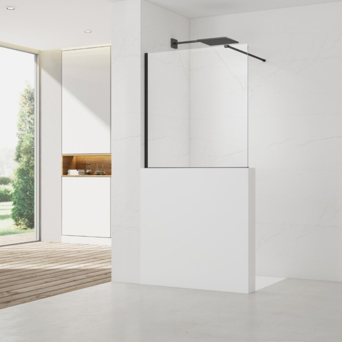 Pare-muret 100x90cm Paroi en verre Crystal Glass® 8 mm anticalcaire, avec bras et profilés noir mat (SATBWIS90PRC)