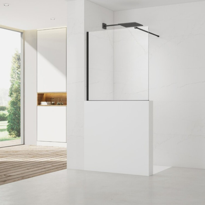 Pare-muret 100x90cm Paroi en verre Crystal Glass® 8 mm anticalcaire, avec bras et profilés noir mat (SATBWIS90PRC)