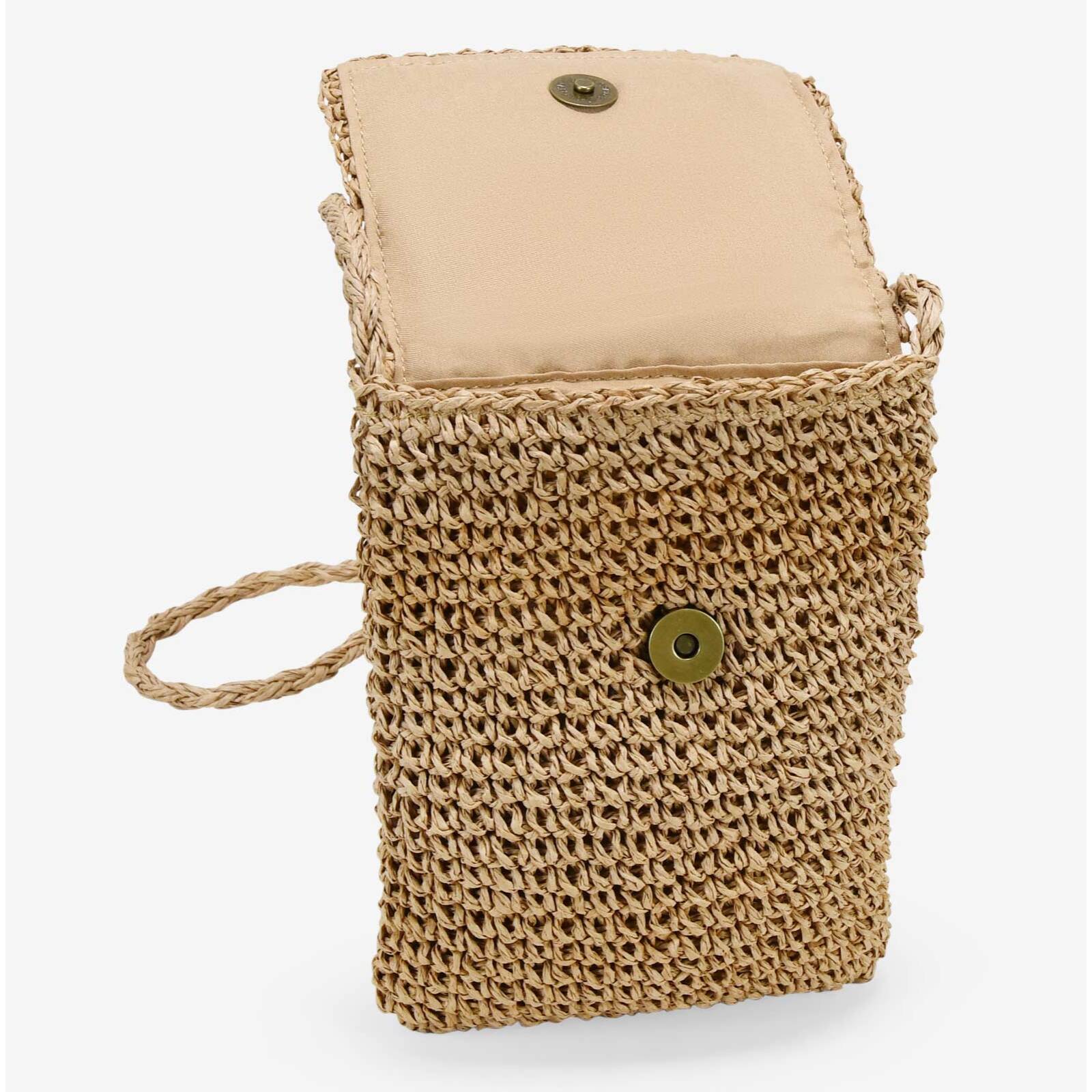 Bolso para móvil marrón en rafia con conchas