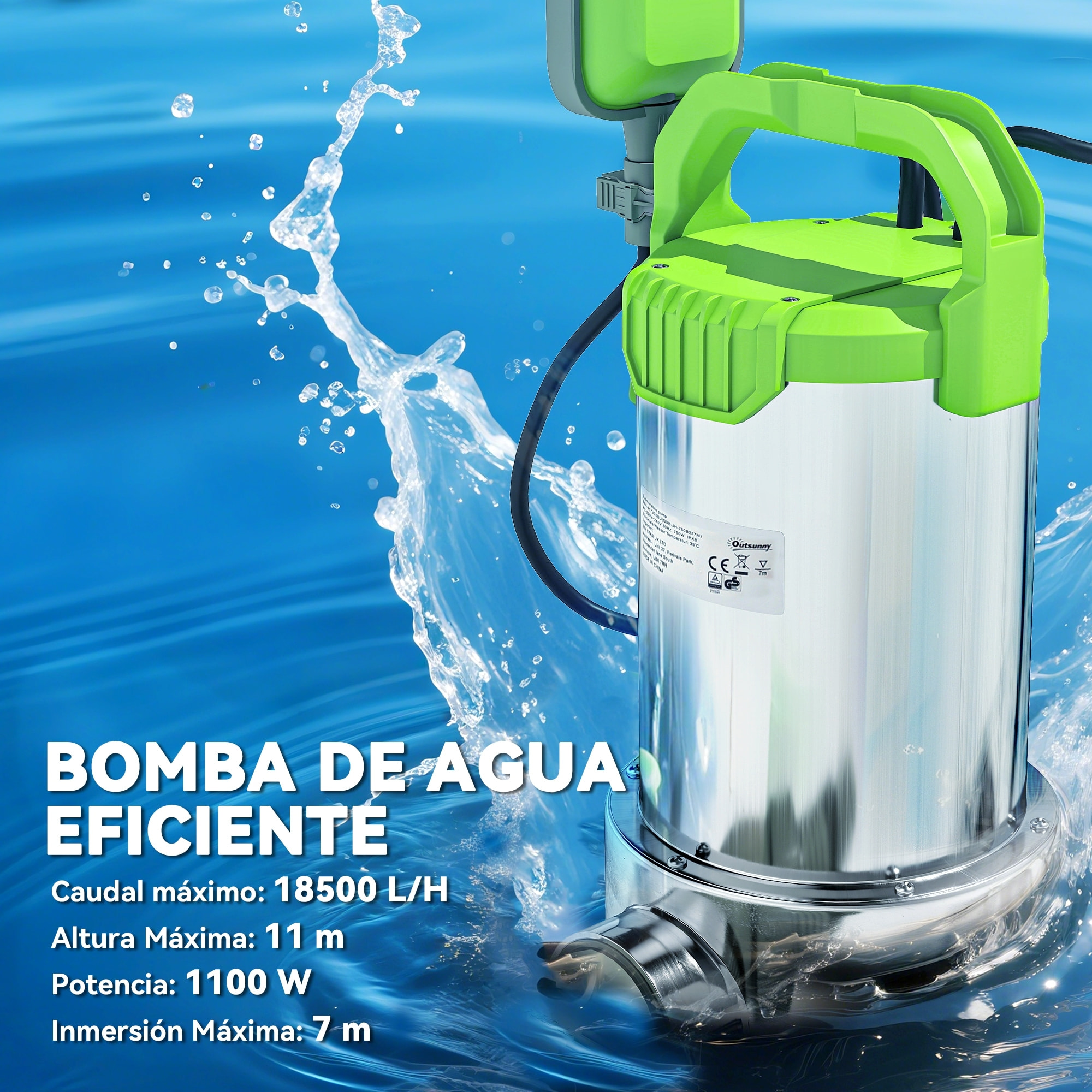 Bomba de Aguas Sucias 1100W Bomba Sumergible de Aguas Residuales con Capacidad de 18000 l/h Interruptor de Flotador y Conector Universal para Drenaje de Piscinas Estanques Bañeras