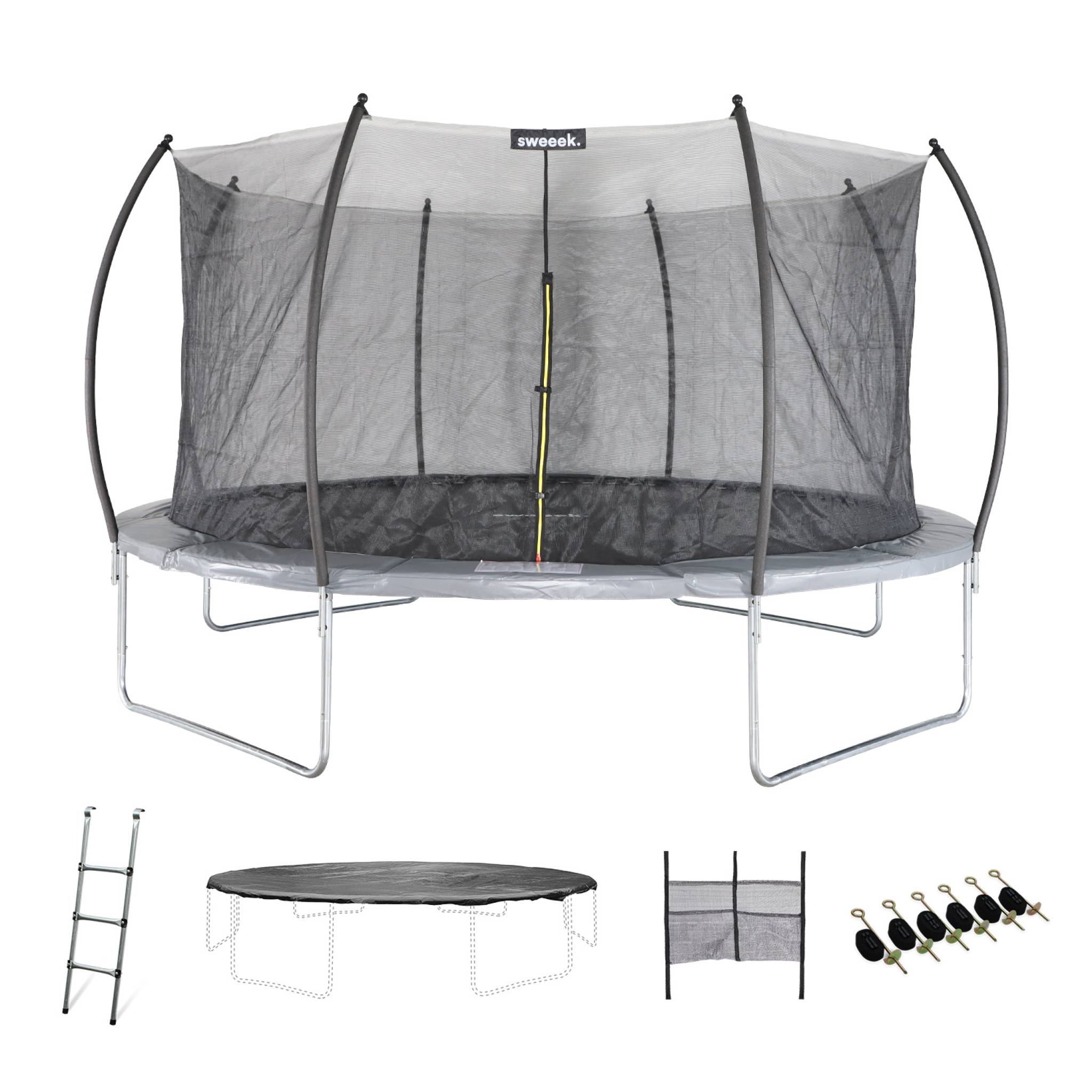 Trampoline rond Ø 490cm gris avec filet de protection intérieur - Jupiter Inner XXL - échelle. bâche. filet pour chaussures et kit d'ancrage 4.90m 490 cm