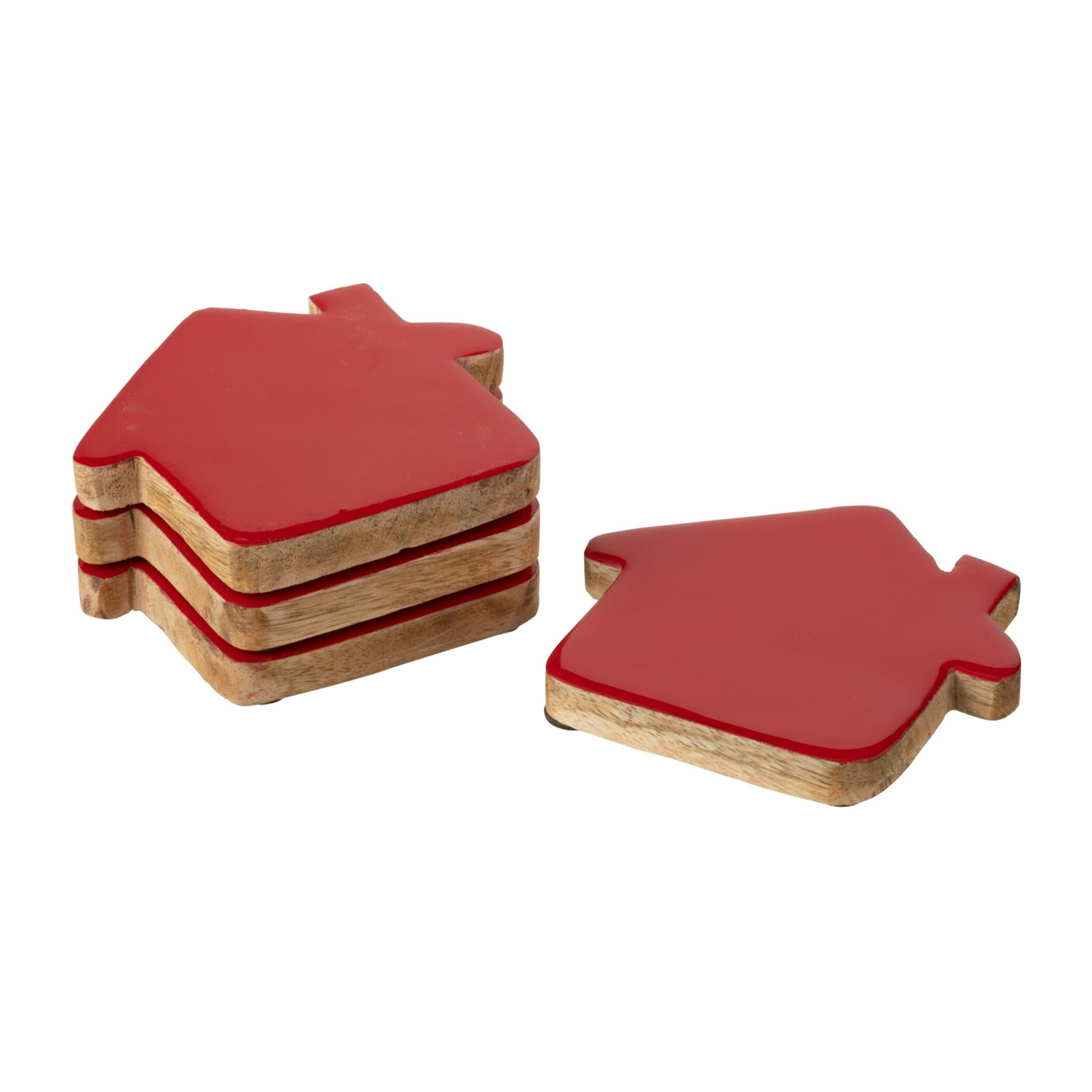 J-Line dessous de verre Maison - bois - rouge/naturel - set de 4