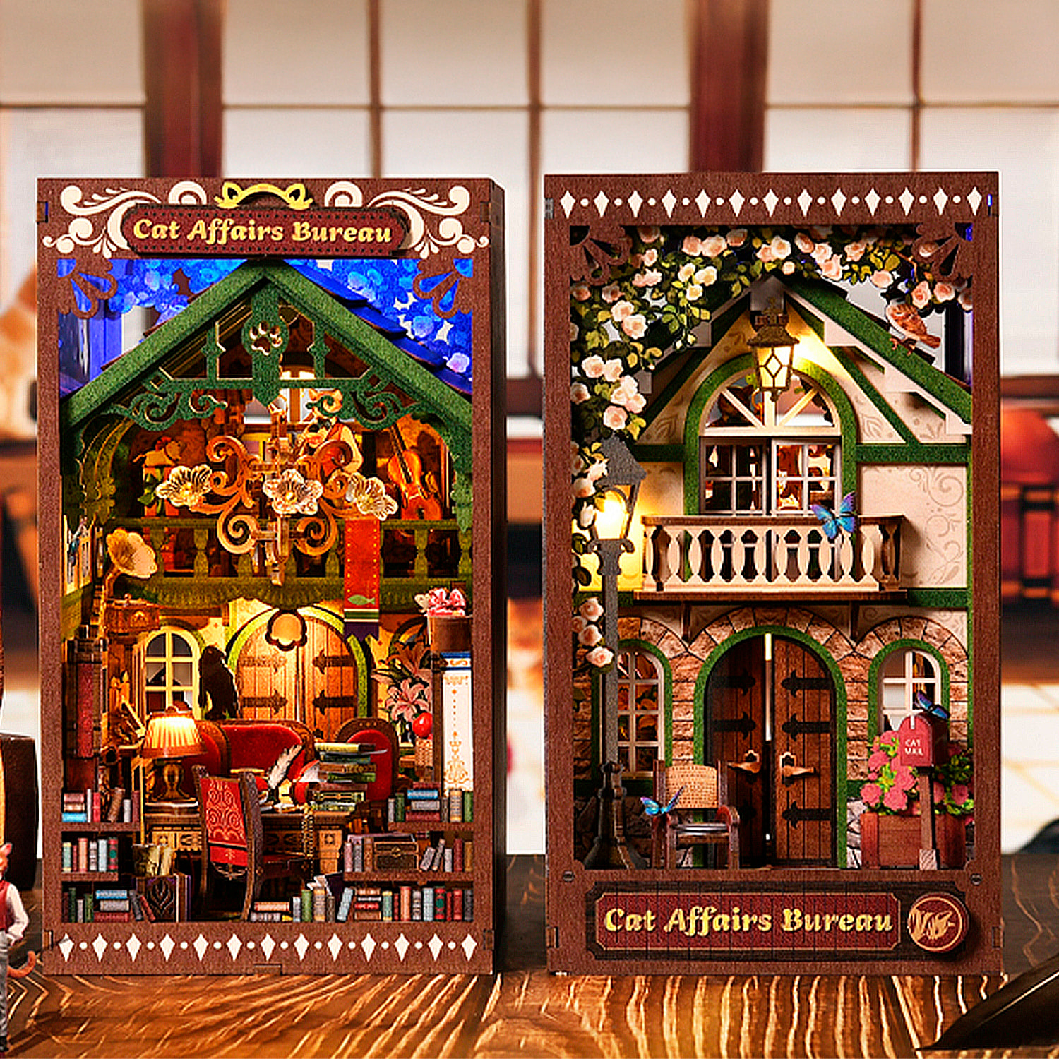 Oficina de Gatos. Book Nook de madera, diseño 3D realista con gran detalle, cubierta y luces led.