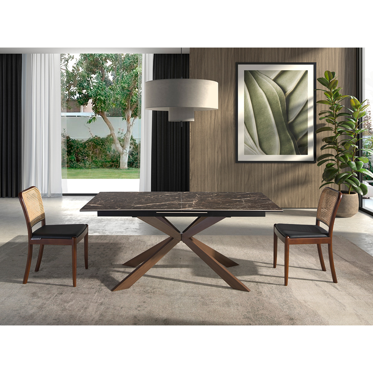 Mesa comedor extensible rectangular con tapa de mármol porcelánico en marrón con vetas crema en brillo 160x90x76cm