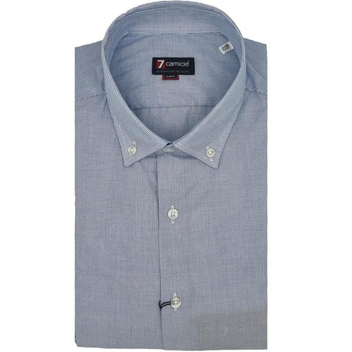 Camicia Uomo 1 Bottone Button Down Slim Popeline Quadro Piccolo Celeste/Bianco