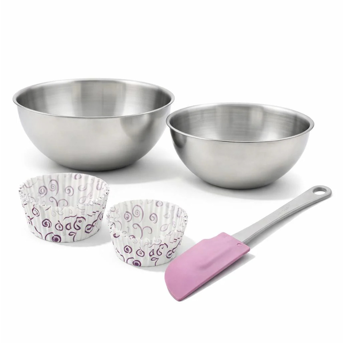 Ensemble comprenant 50 moules à muffins en papier motif fleur violette Zenker, 2 bols à mixer en inox Fackelmann