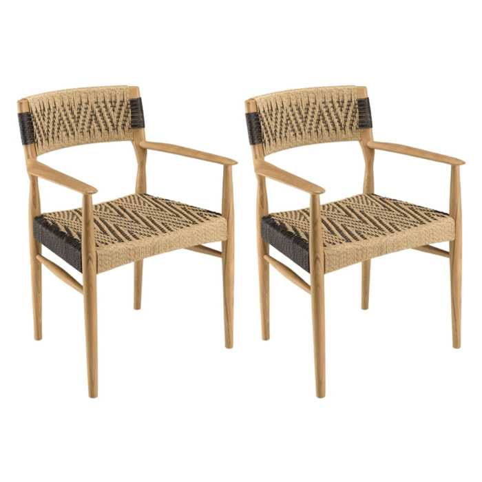 VALERIA - Lot de 2 fauteuils jardin teck rotin synthétique beige / noir