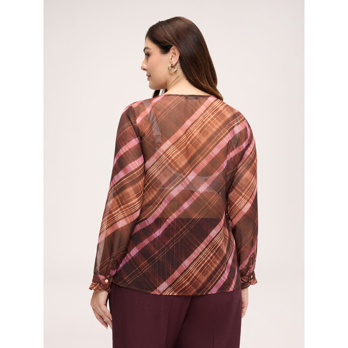 Fiorella Rubino - Camicia con stampa check e balze in georgette - Marrone